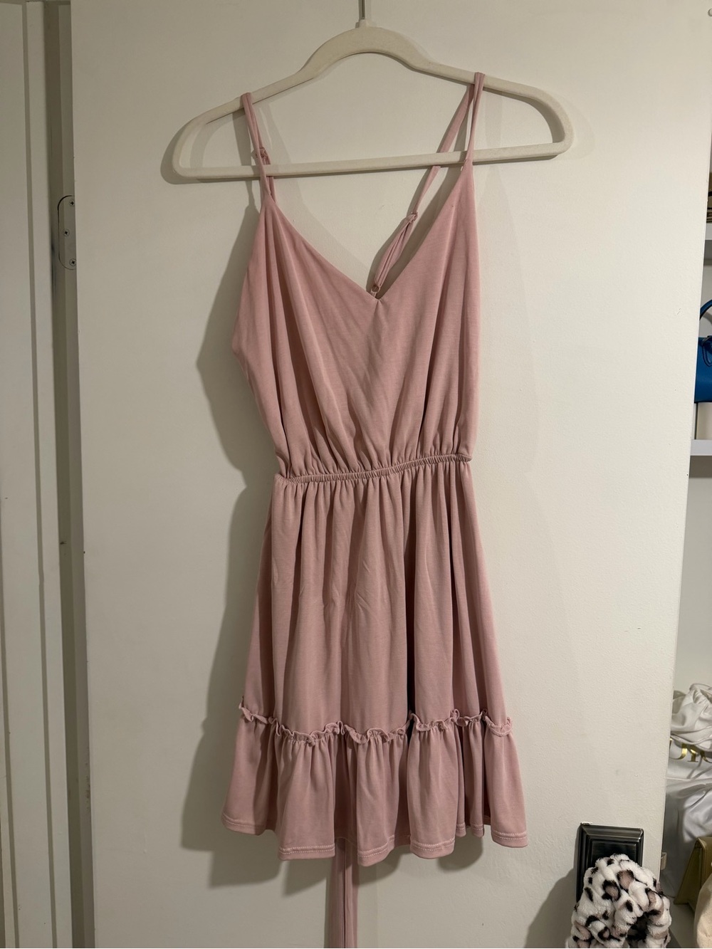 Light Pink Spaghetti-Strap Mini Dress with Ruffle Hem
